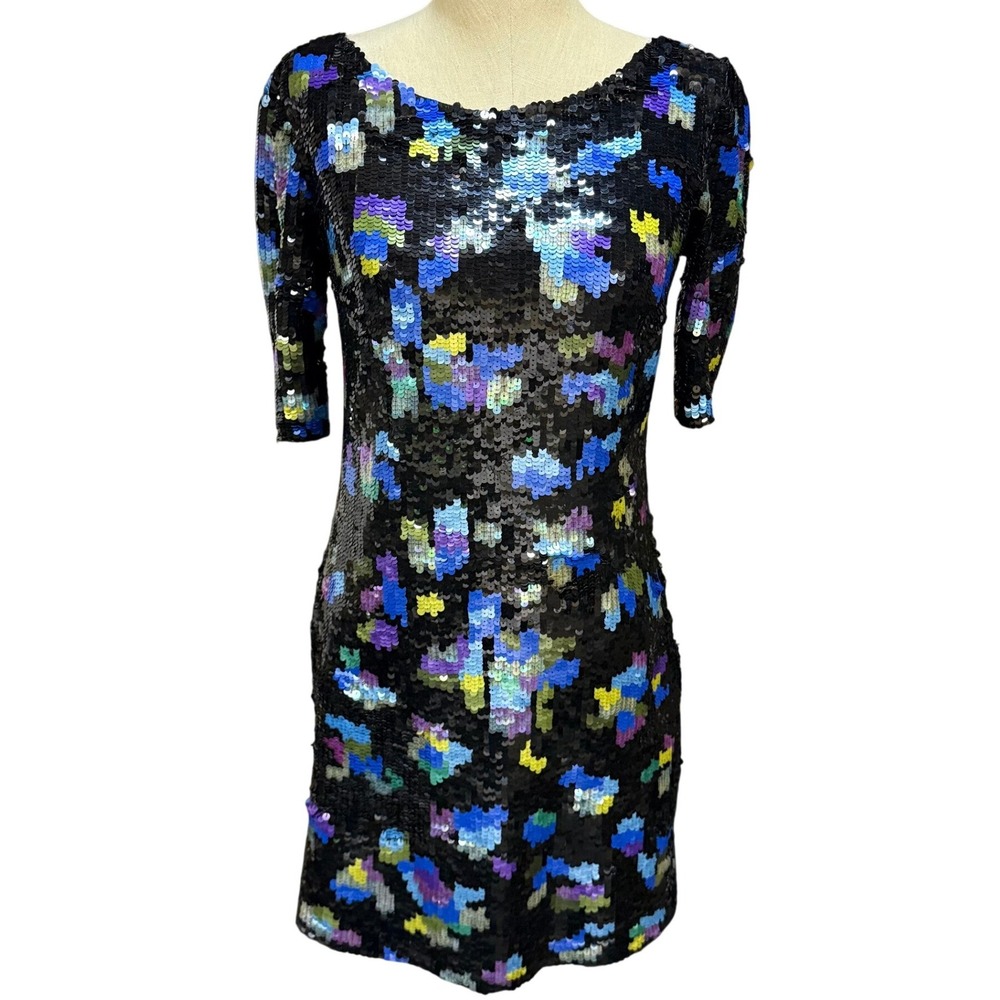 Tracy Reese 4 Floral Sequin Mini Dress Scoop Back Elbow Sleeve Glam Cocktail NYE